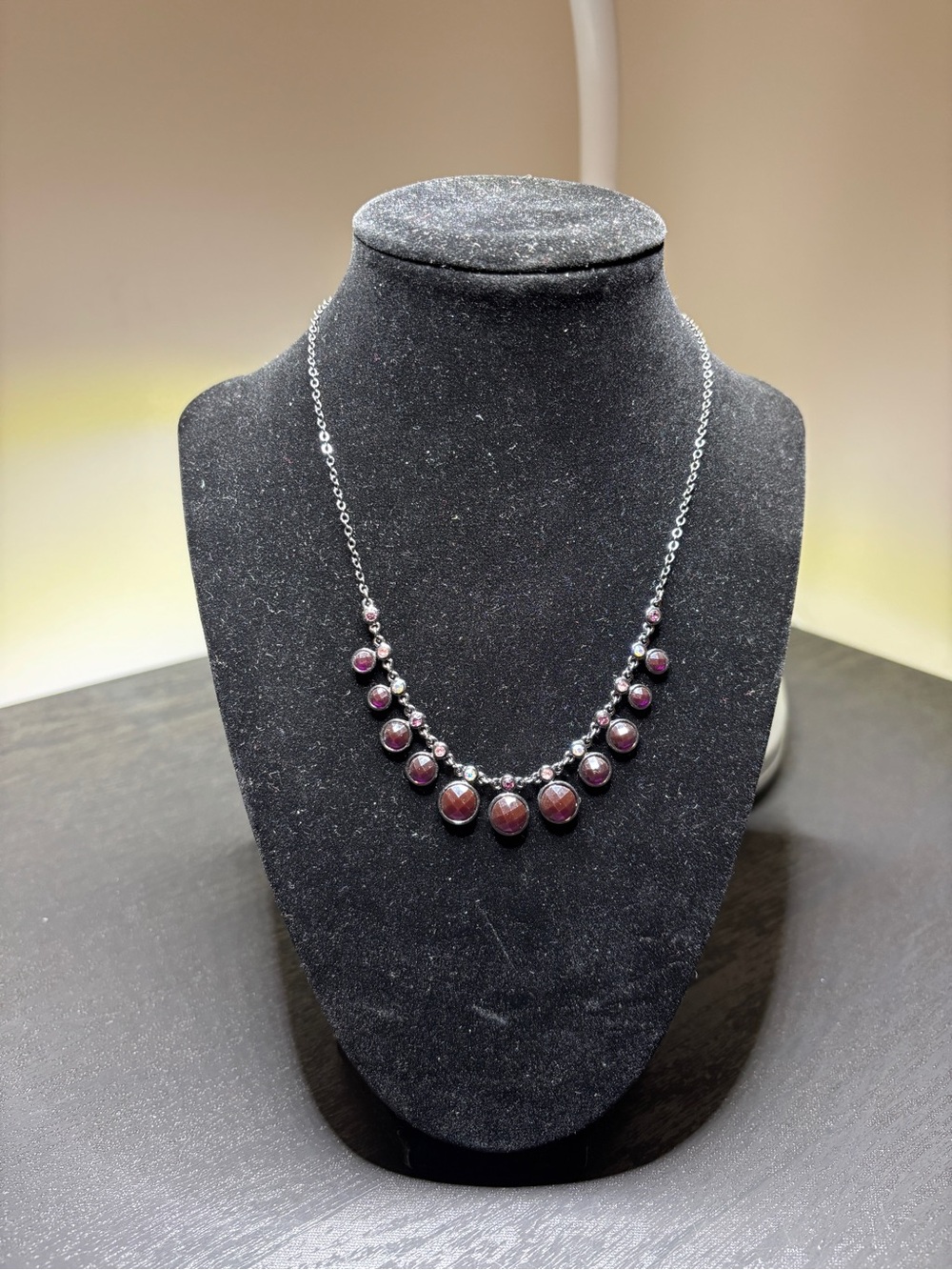 Silver Necklace with Deep Purple Cabochon Accents